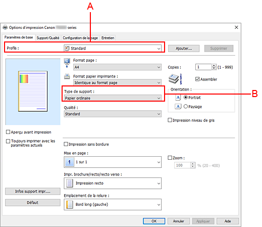 figure&nbsp;: Profils sur l'onglet Paramètres de base