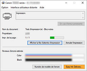 figure&nbsp;: Écran d'état d'imprimante Canon IJ