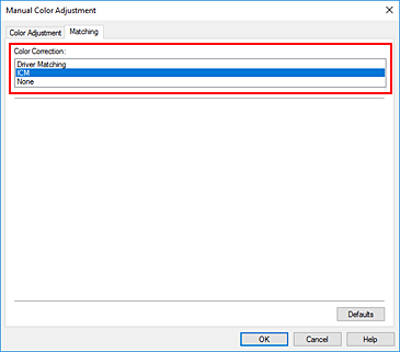 figure:Select ICM for Color Correction in the Manual Color Adjustment dialog box