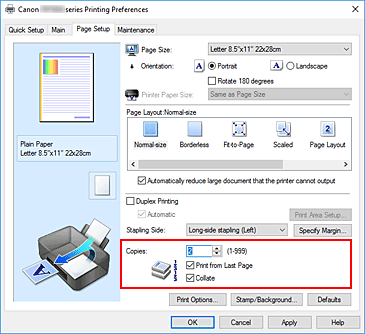 figure:Copies on the Page Setup tab