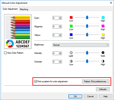 figure:Select Print a pattern for color adjustment on the Color Adjustment tab