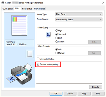 figure:Preview before printing check box on the Main tab