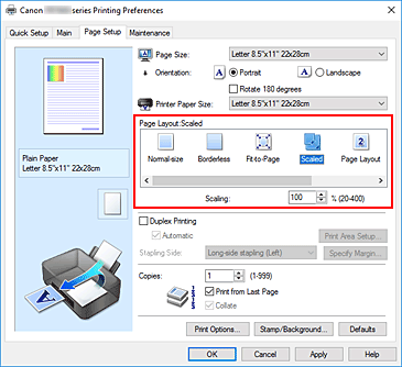 figure:Select Scaled for Page Layout on the Page Setup tab