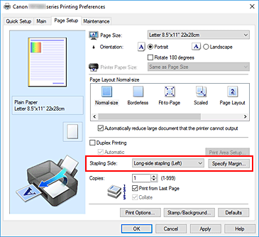 figure:Stapling Side on the Page Setup tab