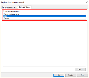 figure : Sélectionnez ICM pour Correction des couleurs dans la boîte de dialogue Réglage des couleurs manuel.