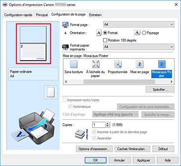 figure : Affichage de l'aperçu des paramètres dans l'onglet Configuration de la page