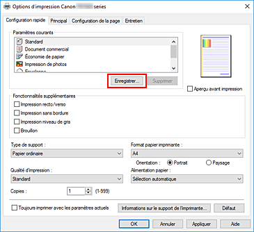 figure : Enregistrer... dans l'onglet Configuration rapide