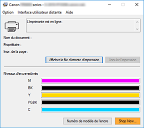 figure : Écran d'état d'imprimante Canon IJ