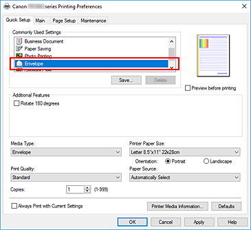 slika: v možnosti Commonly Used Settings na kartici Quick Setup izberite Envelope