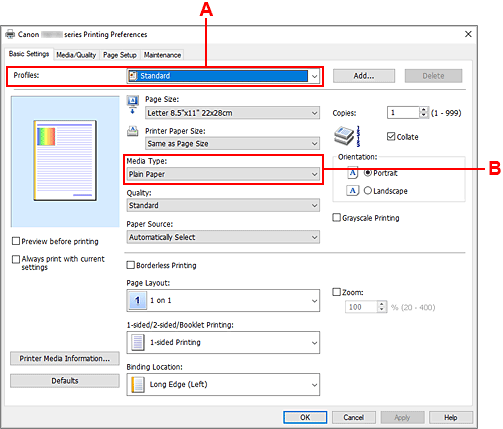 hình: Hồ sơ trên tab Cài Đặt Cơ Bản
