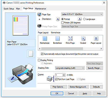 Canon Pixma Handbucher Tr8500 Series Beschreibung Der Registerkarte Seite Einrichten