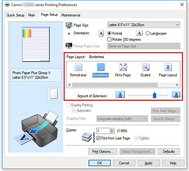 figure:Select Borderless for Page Layout on the Page Setup tab