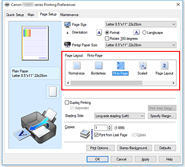 figure:Select Fit-to-Page for Page Layout on the Page Setup tab