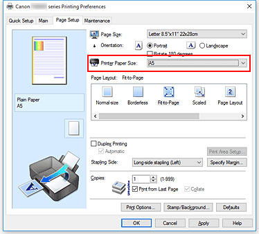 figure:Printer Paper Size on the Page Setup tab