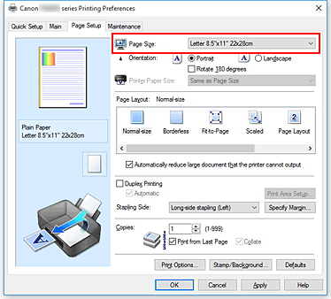 figure:Page Size on the Page Setup tab