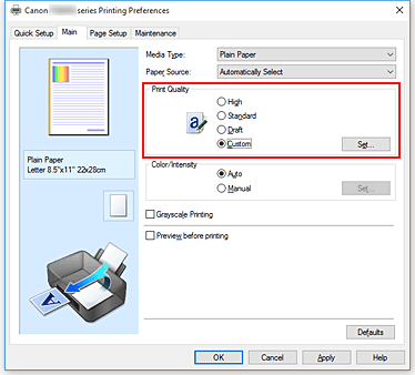 figure:Select on the Main tab, select Custom for Print Quality