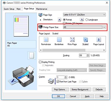 figure:Printer Paper Size on the Page Setup tab