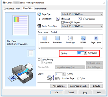 figure:Scaling on the Page Setup tab