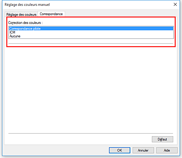 figure : Sélectionnez Correspondance pilote pour Correction des couleurs dans la boîte de dialogue Réglage des couleurs manuel.