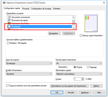 figure : Sélectionnez Enveloppe dans Paramètres courants dans l'onglet Configuration rapide.