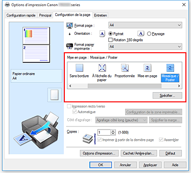 figure : Sélectionnez Mosaïque/Poster comme Mise en page dans l'onglet Configuration de la page.