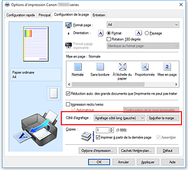 figure : Côté d'agrafage dans l'onglet Configuration de la page