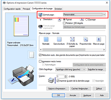 figure : Sélectionnez Personnalisé pour Format page dans l'onglet Configuration de la page.