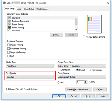 slika: možnost Print Quality na kartici Quick Setup