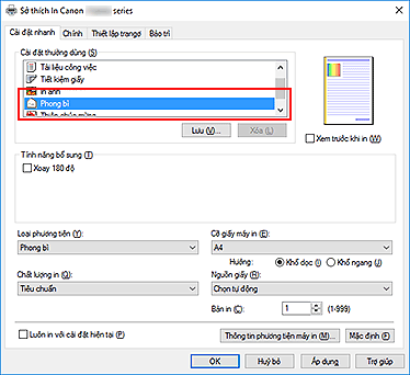 hình: Chọn Phong bì từ Cài đặt thường dùng trên tab Cài đặt nhanh