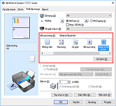 hình: Chọn Ghép ô/Áp phích cho Bố cục trang trên tab Thiết lập trang