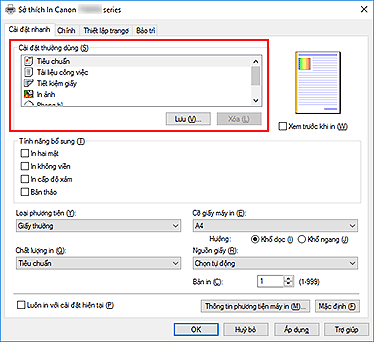 hình: Cài đặt thường dùng trên tab Cài đặt nhanh