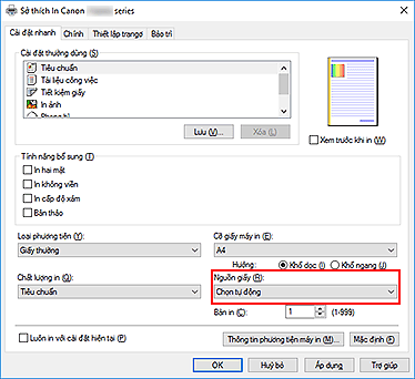 hình: Nguồn giấy trên tab Cài đặt nhanh