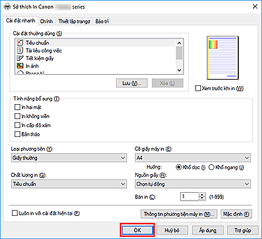 hình: OK trên tab Cài đặt nhanh