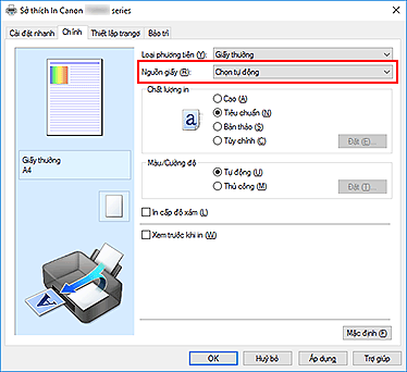hình: Nguồn giấy trên tab Chính