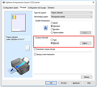 figure&nbsp;: Sélectionnez Manuel pour Couleur/Intensité dans l'onglet Principal.