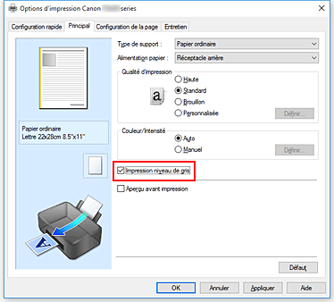 figure : Case à cocher Impression niveau de gris dans l'onglet Principal