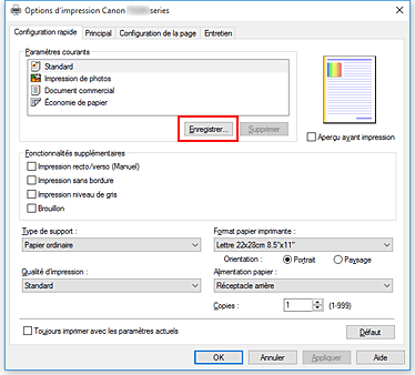 figure : Enregistrer... dans l'onglet Configuration rapide