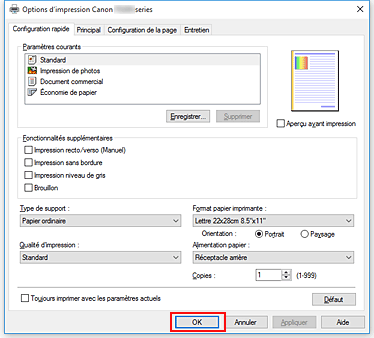 figure : OK dans l'onglet Configuration rapide