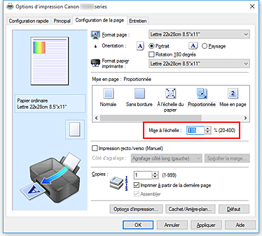 figure : Mise à l'échelle dans l'onglet Configuration de la page