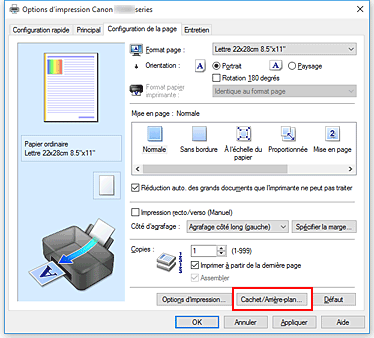 figure : Cachet/Arrière-plan... dans l'onglet Configuration de la page