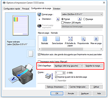 figure : Côté d'agrafage dans l'onglet Configuration de la page