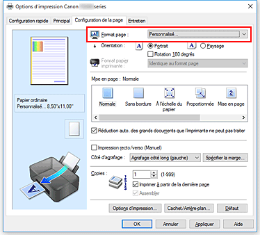 figure : Sélectionnez Personnalisé pour Format page dans l'onglet Configuration de la page.