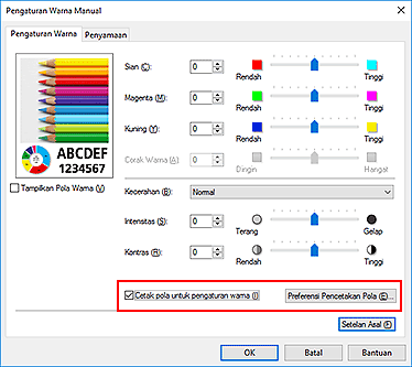 gambar: Pilih Cetak pola untuk pengaturan warna pada tab Pengaturan Warna