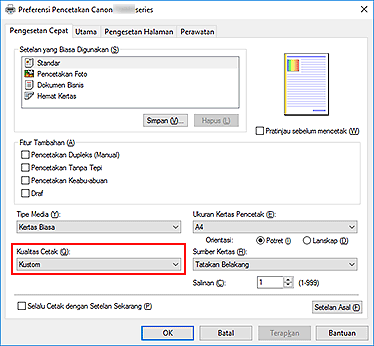 gambar: Kualitas Cetak pada tab Pengesetan Cepat