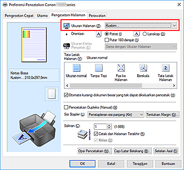 gambar: Pilih Kustom untuk Ukuran Halaman pada tab Pengesetan Halaman