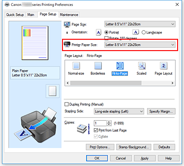 slika: možnost Printer Paper Size na kartici Page Setup