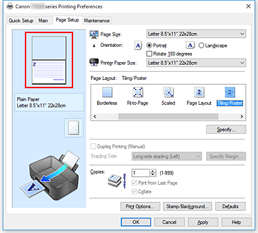 slika: predogled nastavitev na kartici Page Setup