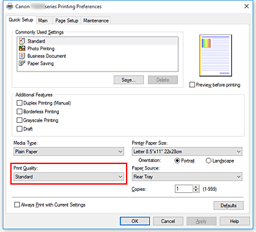 slika: možnost Print Quality na kartici Quick Setup