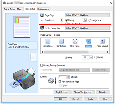 slika: možnost Printer Paper Size na kartici Page Setup