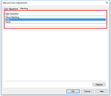 figure:Select ICM for Color Correction in the Manual Color Adjustment dialog box